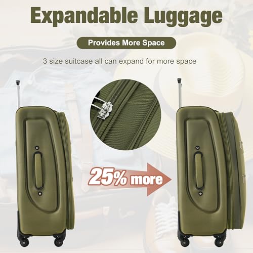 Merax Softside Luggage Set 3 Piece Suitcase with Duffel Bag Spinner Wheels - color: Army Green(22/26/30+bags), style: Softside Luggage Set
