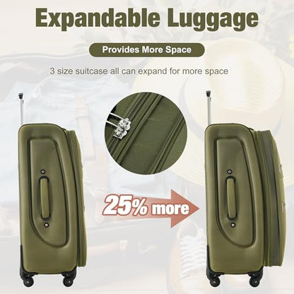 Merax Softside Luggage Set 3 Piece Suitcase with Duffel Bag Spinner Wheels - color: Army Green(22/26/30+bags), style: Softside Luggage Set
