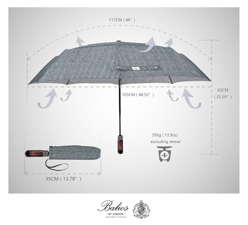 Balios Folding Umbrella Real Wood Handle Auto Open Close - color: Herringbone Classic Black