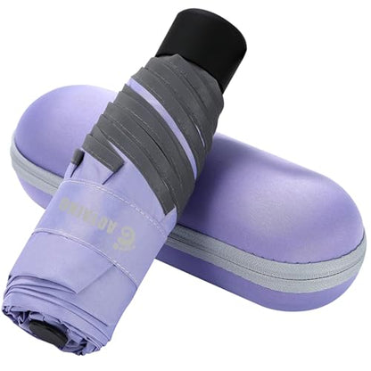 GAOYAING Compact Travel Umbrella with Reflective Safety Strips (300ft Visibility) - Ultra Portable 6.9" Folded Windproof Rain & Sun Umbrella UPF 50+ for Men Women - color: Purple