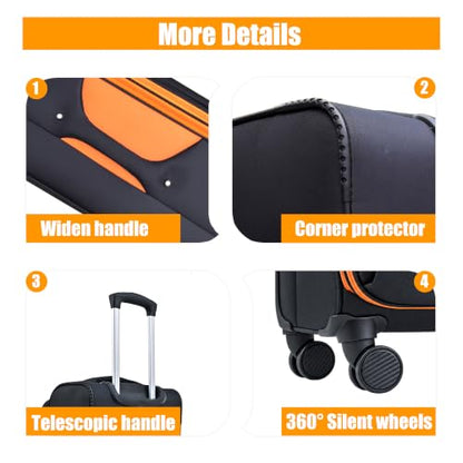 Softside Carry On Luggage Set & Spinner Wheel, Expandable Travel Suitcase - color: Black-Orange