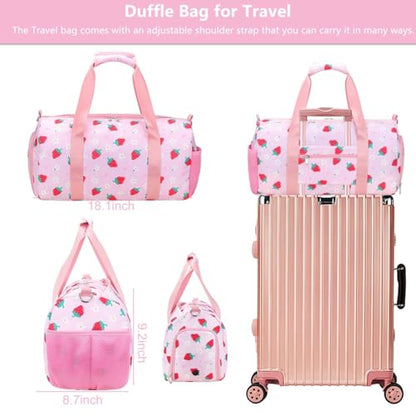 Gym Travel Duffle Bag for Girls - Gymnastics Sports Dance Bag with Shoe Compartment & Wet Pocket Panda Kids Travel Bag Teens Weekender Sleepover Carry On Bag - color: Pink Strawberry