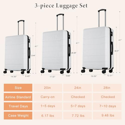 Sweetcrispy 3 Piece Luggage Set, Expandable Suitcase with Spinner Wheels - color: Cream White, size: 3 Pieces Set