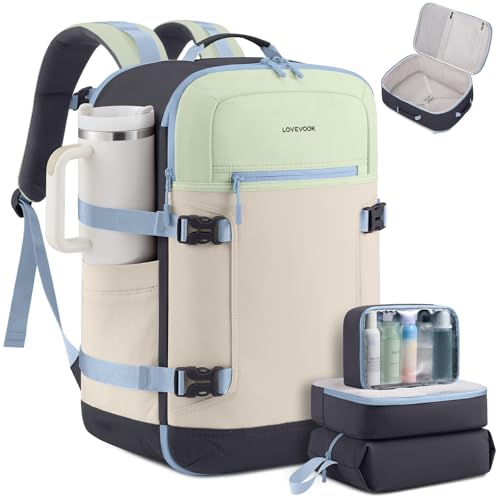 LOVEVOOK 50L Travel Backpack for Women & Men, Airline Approved Carry On Backpack with 3 Packing Cubes, TSA Personal Item Bag, Waterproof Weekender Overnight Backpack Fits 17" Laptop - color: Fresh Green - Beige - Dark Gray, size: X-Large-50L-4Pcs