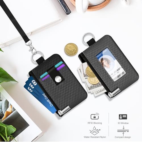 Minimalist RFID Blocking Small Wallet with ID Window,WaterResistant Zip Id Case Wallet with Lanyard Keychain for Cards,Cash,Travel,Women,Men (DarkGrey/Black) - color: DarkGrey/Black