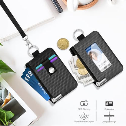 Minimalist RFID Blocking Small Wallet with ID Window,WaterResistant Zip Id Case Wallet with Lanyard Keychain for Cards,Cash,Travel,Women,Men (DarkGrey/Black) - color: DarkGrey/Black