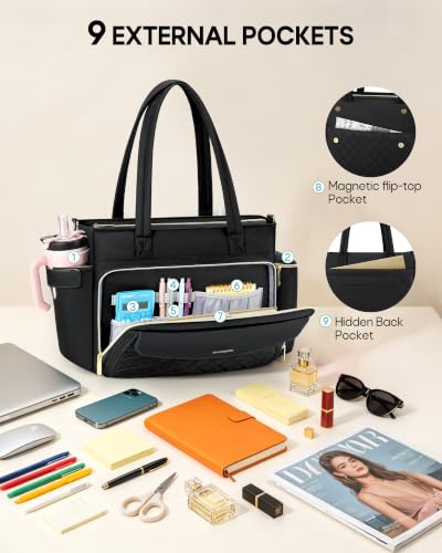 RAINSMORE Teacher Bag for Women, 15.6" Laptop Work Tote, 40oz Cup Holder - color: Black