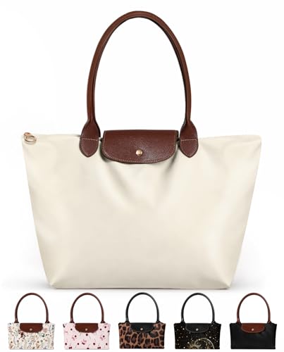 Miss Adola Aesthetic Nylon Tote Bag for Women | Lightweight, Foldable, Waterproof, Large Capacity for Travel, Work, Teacher - color: Beige