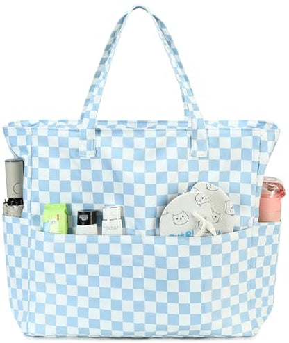 Bluboon Waterproof Beach Tote Pool Bags for Women Ladies Extra Large Carry On Bag With Wet Compartment for Weekender Travel - color: Blue White Checked