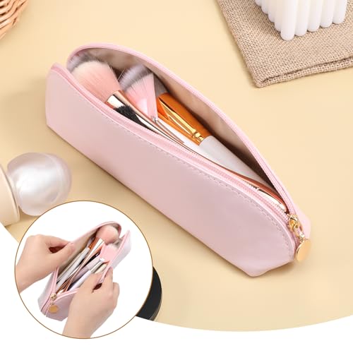 Prasacco Leather Makeup Brush Bag With Zipper, Portable Travel Cosmetic Organizer Case, Compact Toiletry Pouch For Daily Work Essentials