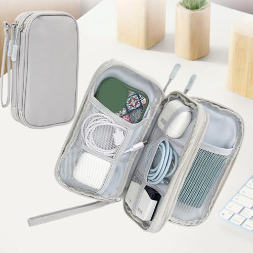 Electronic Organizer Travel USB Cable Accessories Bag/Case, Double Layers Waterproof for Power Bank,Charging Cords,Chargers,Mouse,Earphones Flash Driver Gray