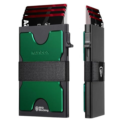 RUNBOX Slim Wallet for Men, RFID Aluminum Pop-Up Card Holder for 12 Cards - color: Forest Green