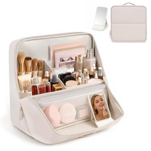 Travel Makeup Bag Standing Folding Leather Cosmetic Organizer with Handle - color: Cream, size: Large