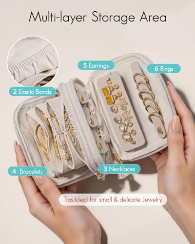 VLANDO Jewelry Travel Case with 2 Layers for Necklaces,Rings,Earrings - color: Cream White