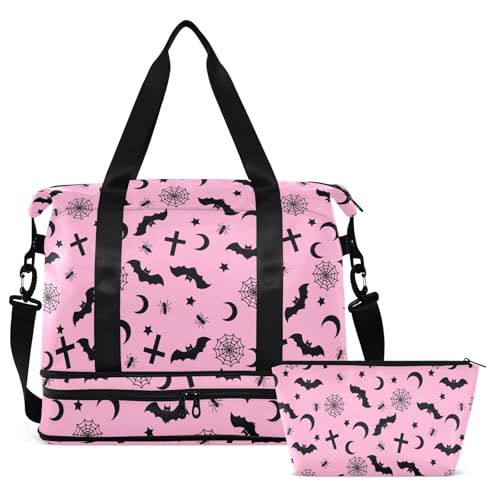 Gothic Pink Travel Duffel Tote with Bats - Sports Weekender Overnight Gym Carry On Hospital Bag for Women & Men - color: Goth 04