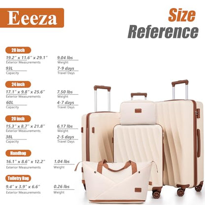 Eeeza Luggage Sets 5 Piece Suitcases with Wheels(White, 20"/24"/28" DB/TB) - color: Beige, size: 5 Piece Sets (20/24/28/DB/TB)