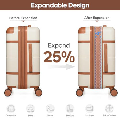 Expandable Carry On Luggage Set, 20In PC Hardside Suitcase with Backpack | Suitcase Set 3 Piece with Spinner Wheels /TSA Lock/For Women,Travel Airline Approved - color: Beige