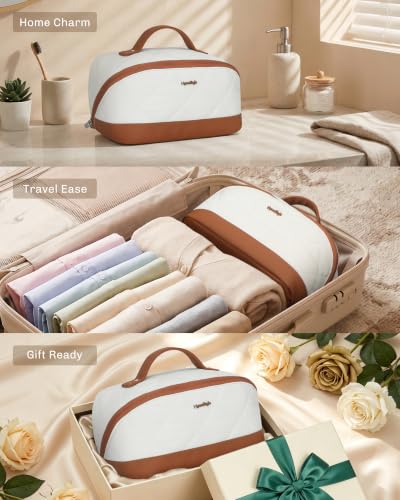 Hynes Eagle Travel Makeup Bag for Women Puffy Cosmetic Organizer Pouch Open Flat Toiletry Bag for Toiletries Brushes Structured Base White - color: White