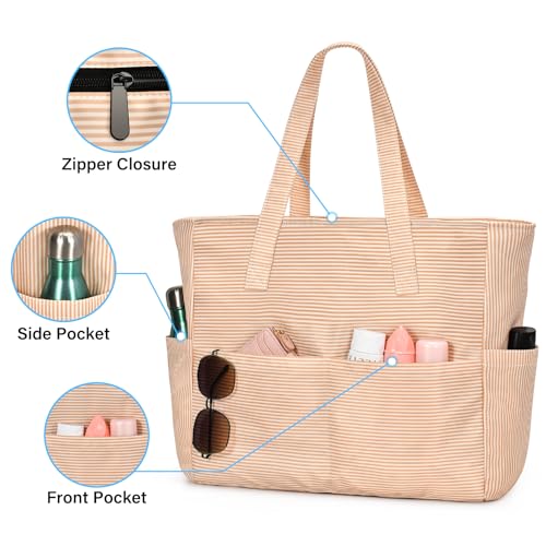 oscaurt Beach Bags for Women Large Waterproof Sandproof Beach Tote Swim Pool Bag with Zipper for Travel Vacation Essentials - color: Khaki Stripes