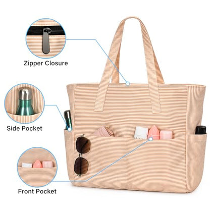 oscaurt Beach Bags for Women Large Waterproof Sandproof Beach Tote Swim Pool Bag with Zipper for Travel Vacation Essentials - color: Khaki Stripes