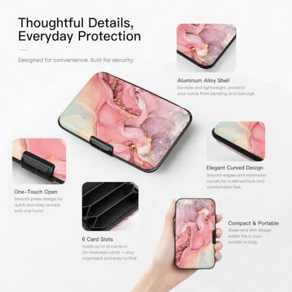 RFID Aluminum Card Wallet Marble Credit Card Holder Mini Business Card Case - color: Pink Marble