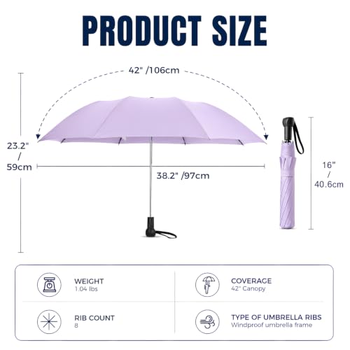 Collapsible Windproof Umbrella Travel - 42inch Auto Open & Manual Close - color: 03.Lilac