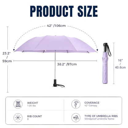 Collapsible Windproof Umbrella Travel - 42inch Auto Open & Manual Close - color: 03.Lilac