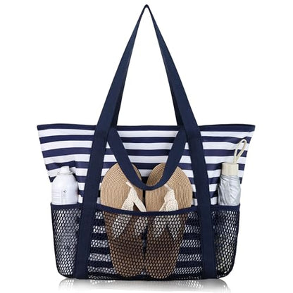 HOMESPON Beach Bag Large Waterproof Sandproof Tote for Women with Zipper and Mesh Pockets - color: Blue Stripes, size: Medium