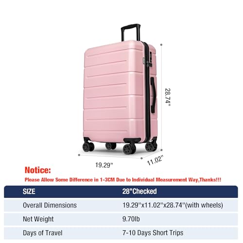 KYME 28 Inch Luggage with Wheels Hardshell Large Suitcase Lightweight Big Checked Luggage with TSA Lock Travel Rolling Suitcase for Women Men Pink - color: Light Pink, size: Checked-Large 28-Inch
