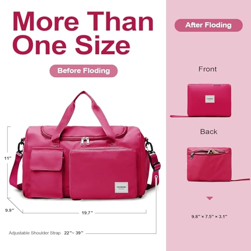 WOOMADA Foldable Travel Duffel Bag with Shoes Compartment, Overnight Bag with Wet Pocket & Trolley Sleeve, Weekender Bags for Women(A-rose red) - color: A-rose red