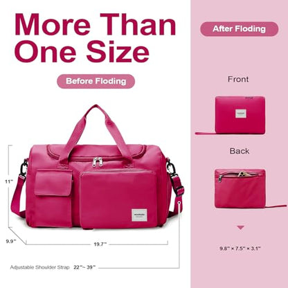 WOOMADA Foldable Travel Duffel Bag with Shoes Compartment, Overnight Bag with Wet Pocket & Trolley Sleeve, Weekender Bags for Women(A-rose red) - color: A-rose red