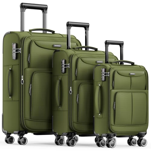 SHOWKOO Luggage Sets 3 Piece Softside Expandable Durable Suitcase Sets | Durable Oxford Fabric;Lightweight;360°Double Spinner Wheels;TSA Lock;3-Step Telescoping Handle;Olive Green (20in/24in/28in) - color: Olive Green