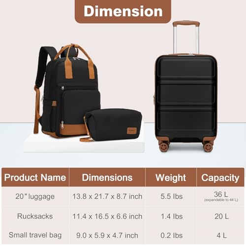 Kono Luggage Set 3 Piece Carry On Hardside Luggage with Spinner Wheels - color: Apricot Black, size: 20-inch/Bp/Tb
