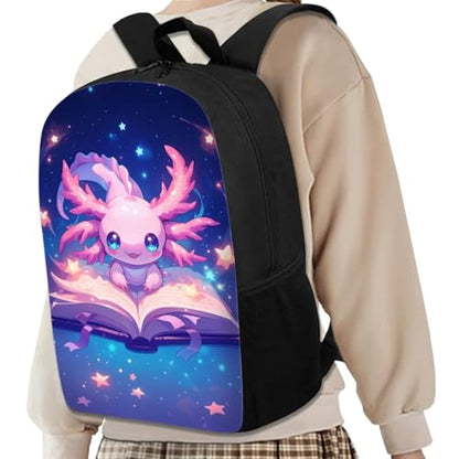 Axolotl Backpack Set for Girls 3-in-1 Elementary & Middle School Backpack with Lunch Box and Pencil Case, Cute Bookbags for Kids 6-8 Back to School Essential - color: Axolotl Book