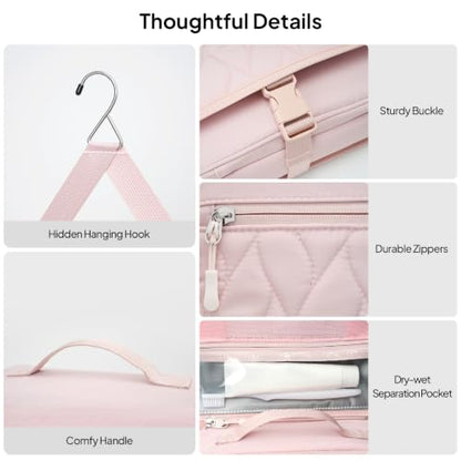 TOPEAST Quilted Travel Toiletry Bag for Women,Detachable Hanging Makeup Bag - color: Pink