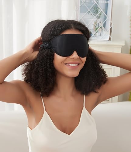 ALASKA BEAR Luxurious Silk Eye Mask with Deep Contour Molded Cups for Beauty Sleep & Lashes Extensions, 3D Zero Pressure Sleeping Eye Cover with Easy-to-Adjust Strap - color: Black_concave Eyecups