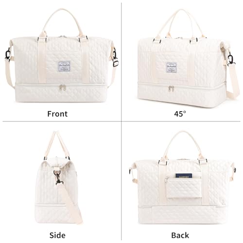 Large Lightweight Foldable Weekender Duffle Bag with Shoe Compartment - color: Beige
