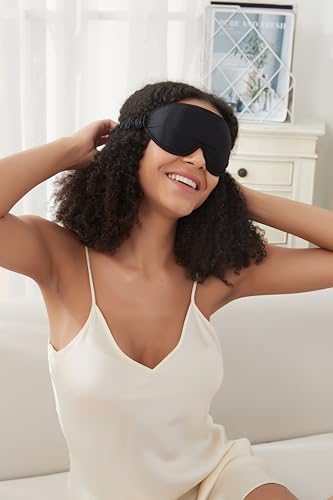 ALASKA BEAR Luxurious Silk Eye Mask with Deep Contour Molded Cups for Beauty Sleep & Lashes Extensions, 3D Zero Pressure Sleeping Eye Cover with Easy-to-Adjust Strap - color: Black_concave Eyecups