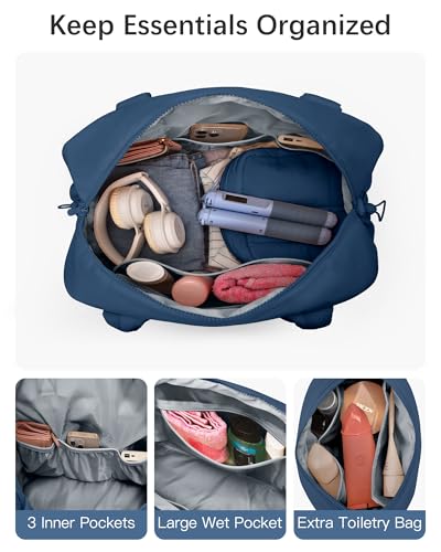 oscaurt Gym Bag for Women Lightweight Duffle Bag for Travel with Toiletry Pouch Water Resistant Carry On Weekender Overnight Duffel - color: Navy Blue-Set