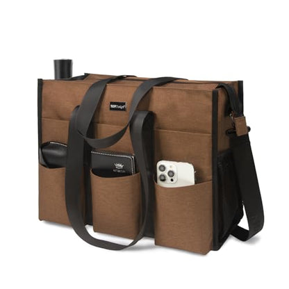 TOPDesign Utility Water Resistant Tote Bag with 22 Pockets, Zipper Closure - color: Brown, size: Large