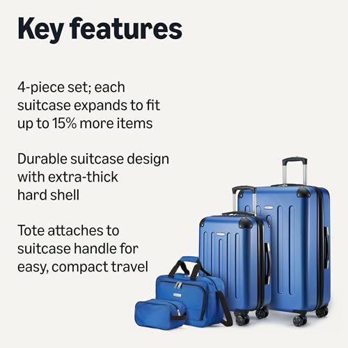 Amazon Basics 4-Piece Hardside Luggage Set with Multidirectional Spinner Wheels, 22" Carry-On, 28" Checked Suitcase, 15" Tote Bag and 10" Travel Case, Navy Blue - color: Navy Blue, size: 4-Piece Luggage Set