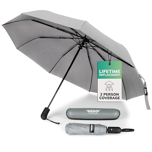 HERO Windproof Travel Umbrella – Premium Auto Open/Close, Lightweight, Compact, Portable Umbrella with 2-Person Coverage for Travel – Fits Easily in a Purse or Backpack - color: Gray