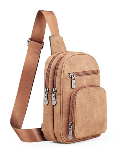 FADEON Sling Bags for Women Crossbody Bag, Designer PU Leather Sling Purse - color: Camel Brown Nubuck Style, size: Small