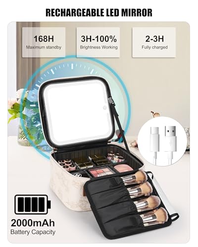 Relavel Travel Makeup Bag with LED Mirror, Lily Flower - color: 03-Lily Flower, size: 1-Small