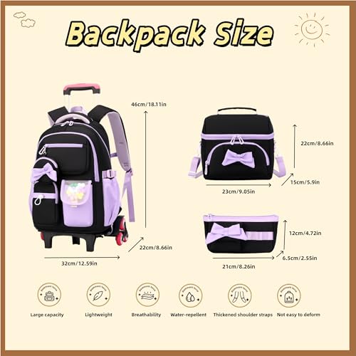 Rolling Backpack for Girls 3PCS Kids Backpack Set Cute Trolley Bags for Elementary Middle High School Wheeled Bookbags - color: 3pcs Black+purple 6 Wheels