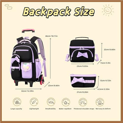Rolling Backpack for Girls 3PCS Kids Backpack Set Cute Trolley Bags for Elementary Middle High School Wheeled Bookbags - color: 3pcs Black+purple 6 Wheels