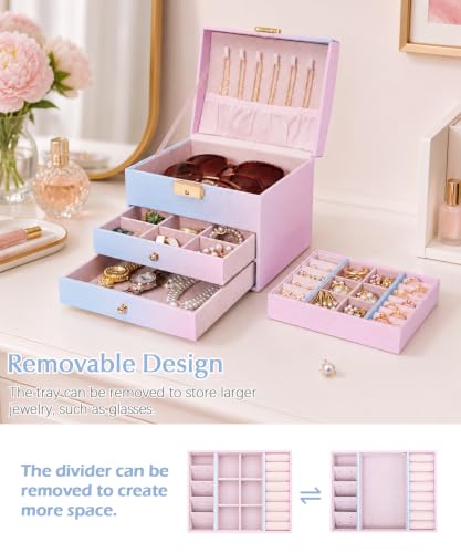 Homde Small Jewelry Box for Girls: 3-Layer Lockable Organizer (Blue-Pink) - color: Blue-Pink Gradient