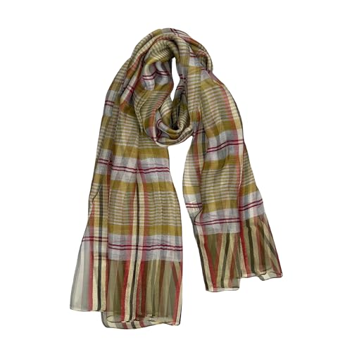 Women's 70% Wool 30% Silk Scarf, Woven Plaid Pashmina Shawl, Lightweight Wrap for Air-Conditioned Rooms/Office/Airplane Travel, Soft Non-Itchy Fringed Blanket Scarf, Gift for Her