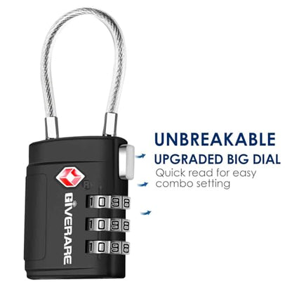 2 Pack TSA Approved Luggage Locks, Cable Travel Lock Alloy, Set Your Own Combination Metal Suitcase Zipper Padlock, 3-Digit Long Shackle Padlocks for Gym Locker, Golf Bag, Case Anti Theft-Black