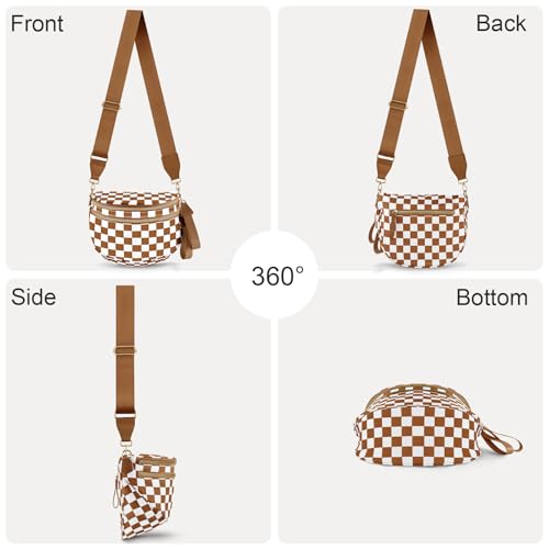 Checkered Crossbody Bags for Women, Large Nylon Bum Bags - color: Brown Checkered